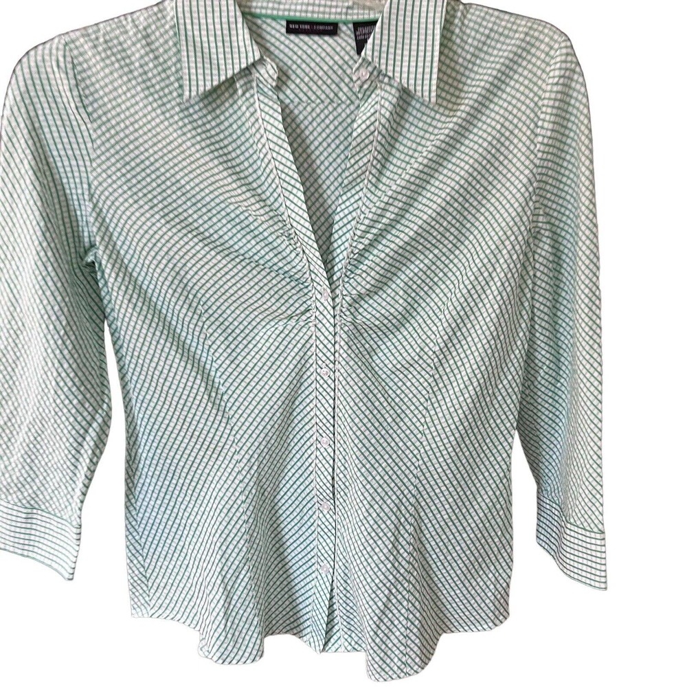 New York & Company Size M Green Check Button Front Shirt Cotton Blend U105-1